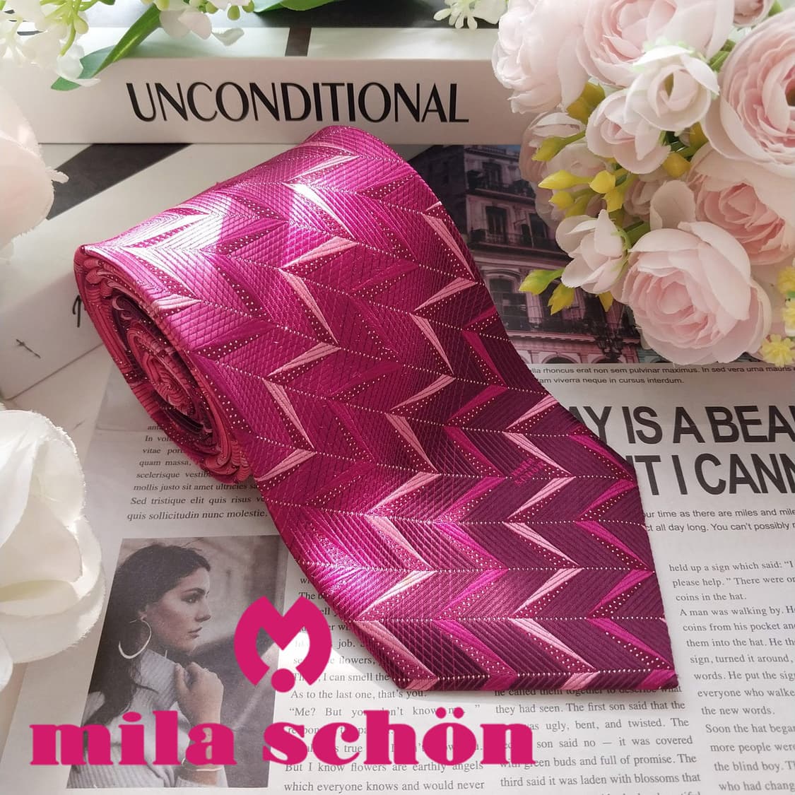 MILA SCHON 밀라숀 핑크 패턴 넥타이 9cm A등급 K2370 상품이미지2
