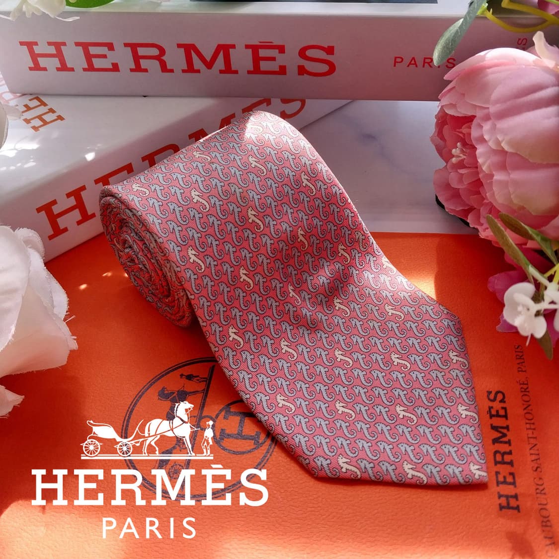 에르메스 실크 핑크 해마 모티브 넥타이 8.9cm B등급 K2497 상품이미지1