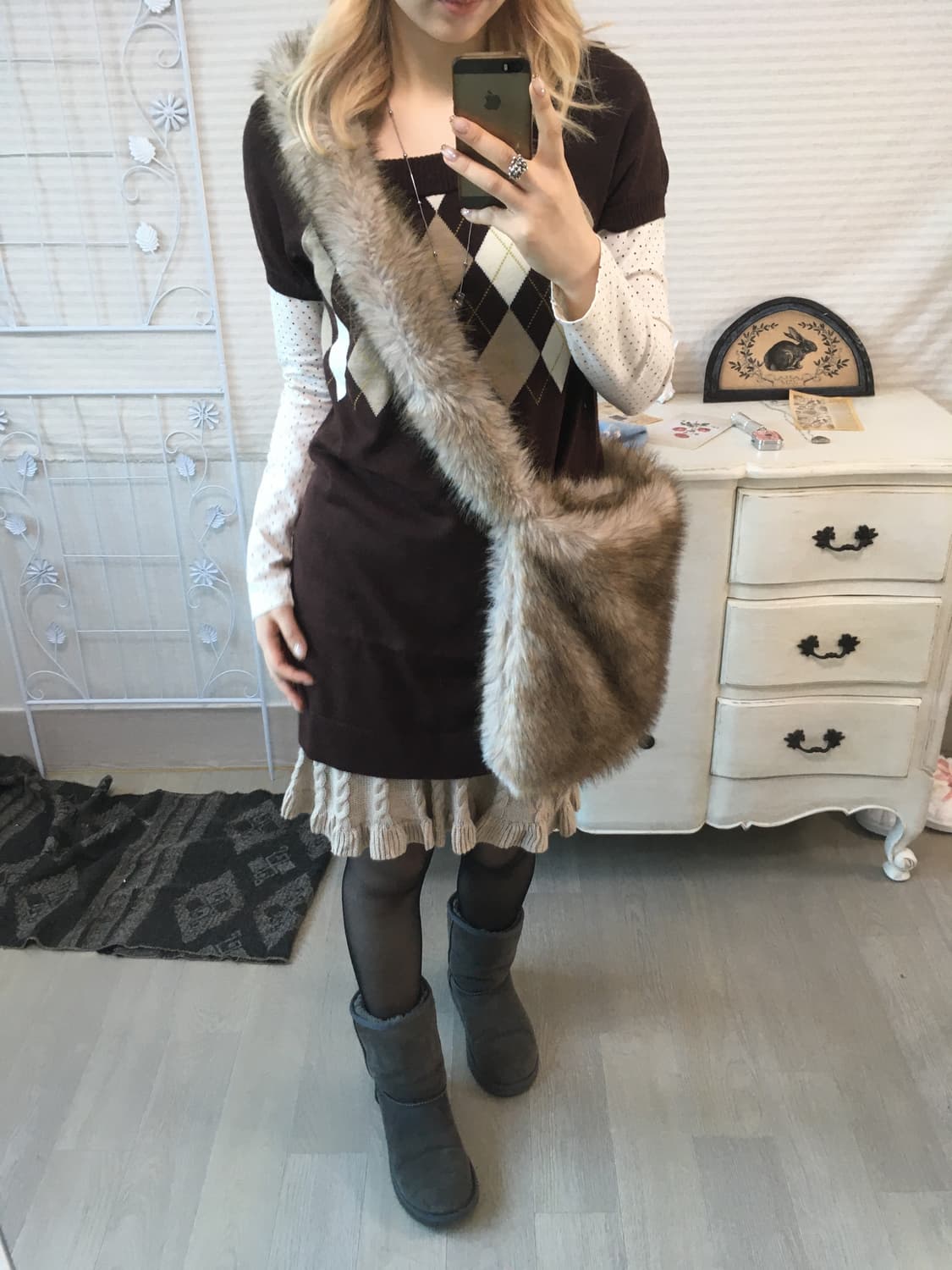 Set)아가일 브라운 니트원피스 +도트롱슬리브 상품이미지3