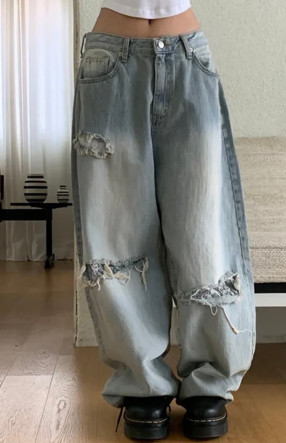 레이스 데미지 빈티지 워싱 연청 팬츠 상품이미지1