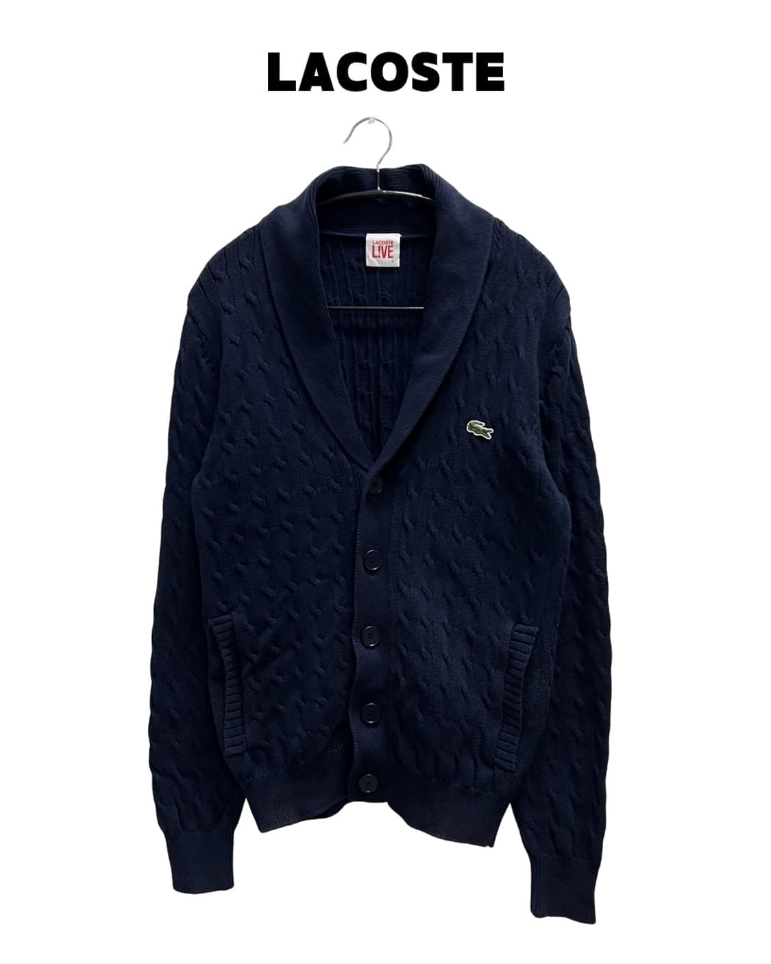 (4) 라코스테 라이브 케이블 꽈배기 숄 카라 니트 네이비 상품이미지1