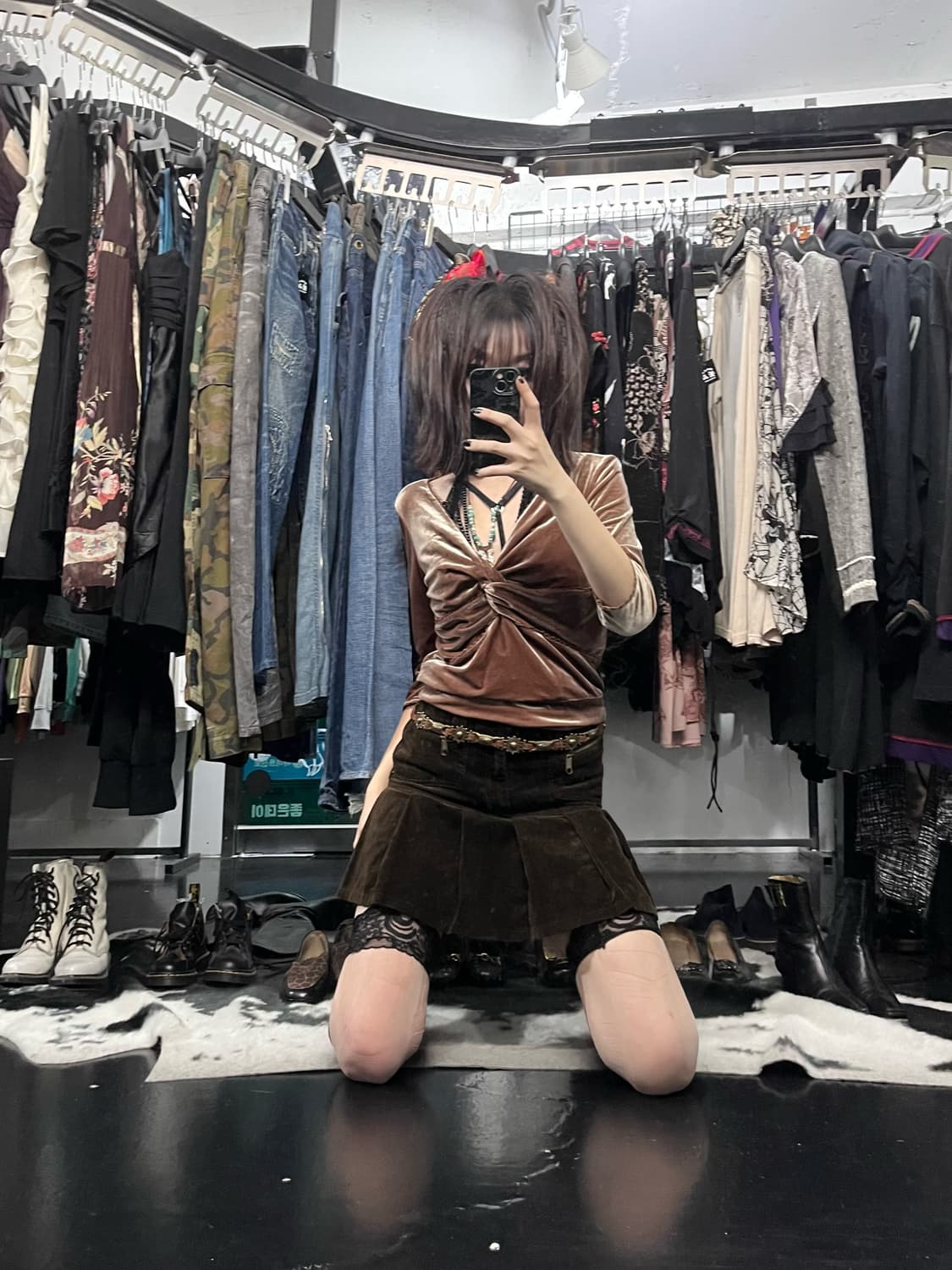 브라운 지퍼 디테일 미니 스커트 상품이미지1