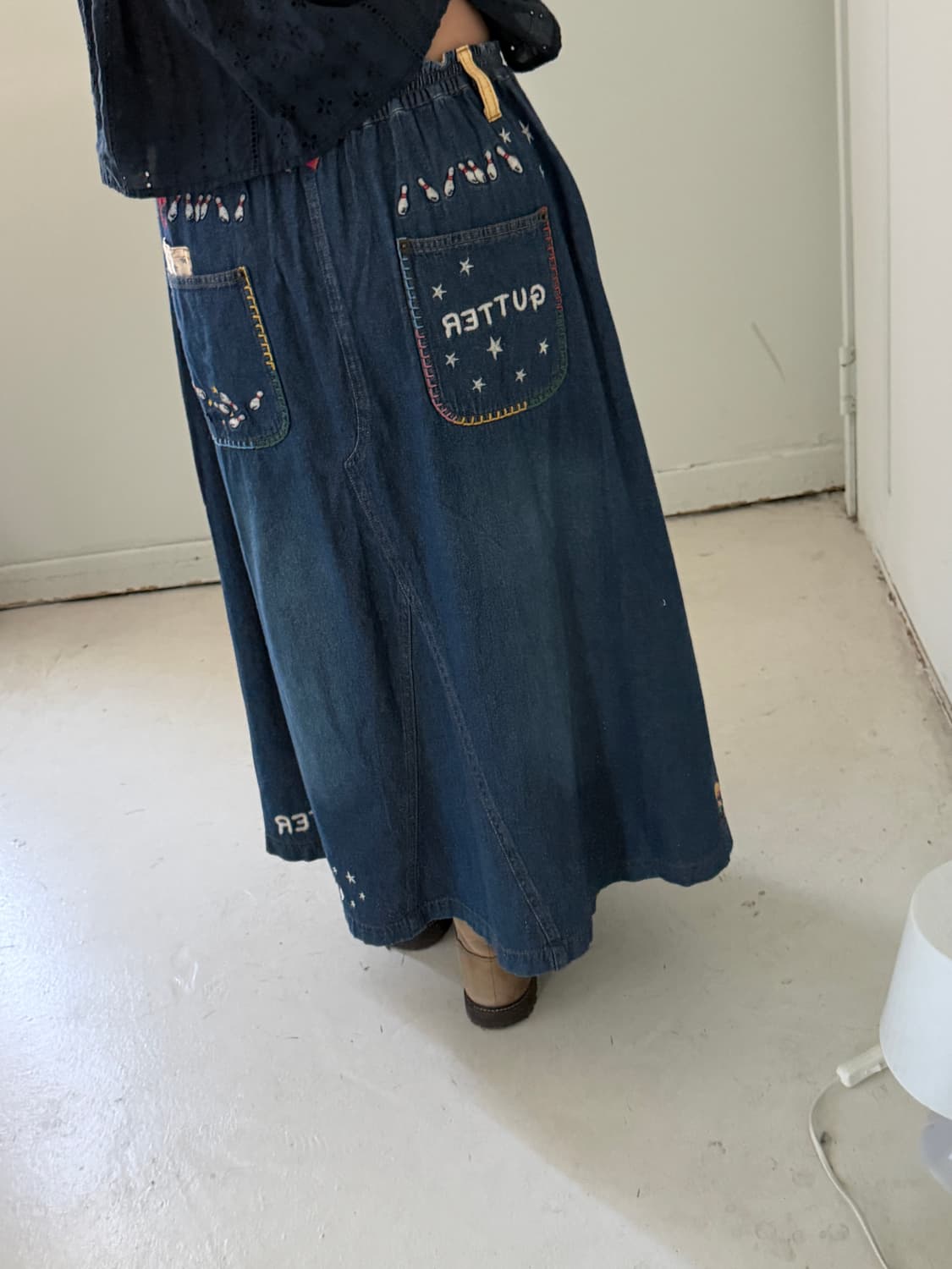 일본빈티지 자수 패치워크 데님 롱스커트  상품이미지4