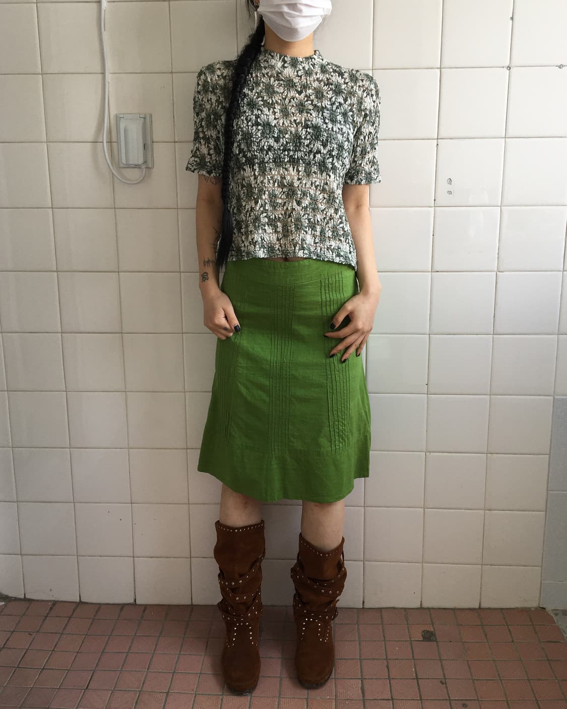 Flower pattern shirring pleats high neck 상품이미지1