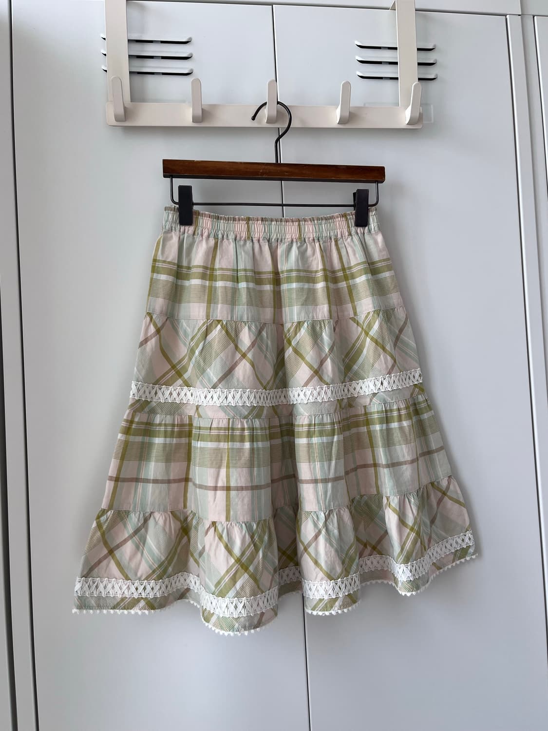 Olive girl 그린 체크 레이스 미디 스커트  상품이미지4