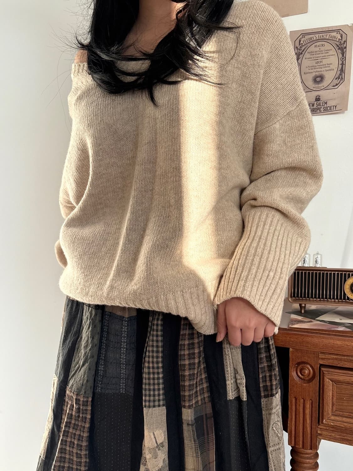 VTG 원숄더 니트 + 스티치 치마 상품이미지2