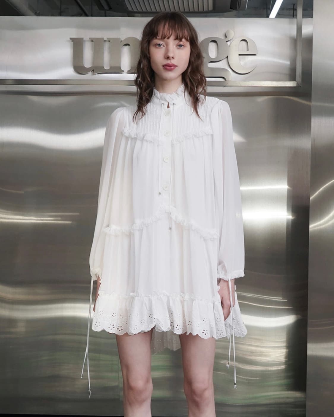 언티지 자수 레이스 러플 미니 원피스 드레스(White) 상품이미지1