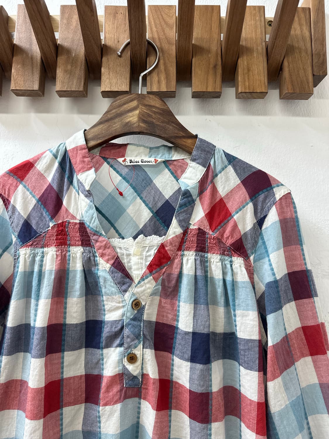 일본빈티지 코튼100 멀티 체크 셔링 디테일 7부 블라우스 티셔츠 상품이미지2