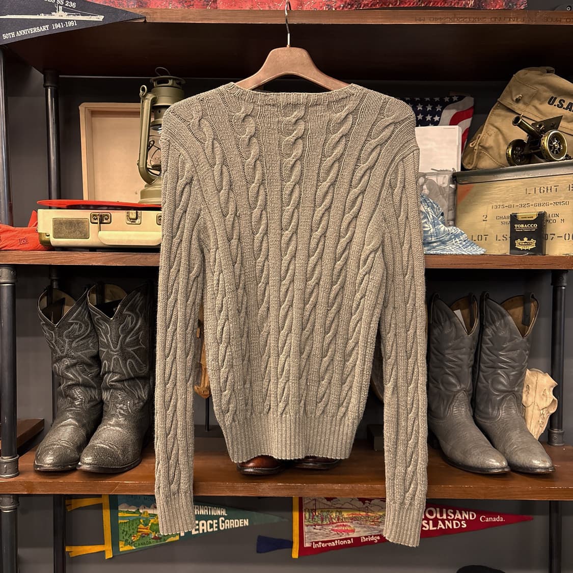 90s 폴로 랄프로렌 캐시미어 케이블 핸드니트 스웨터 카키 N992 상품이미지2