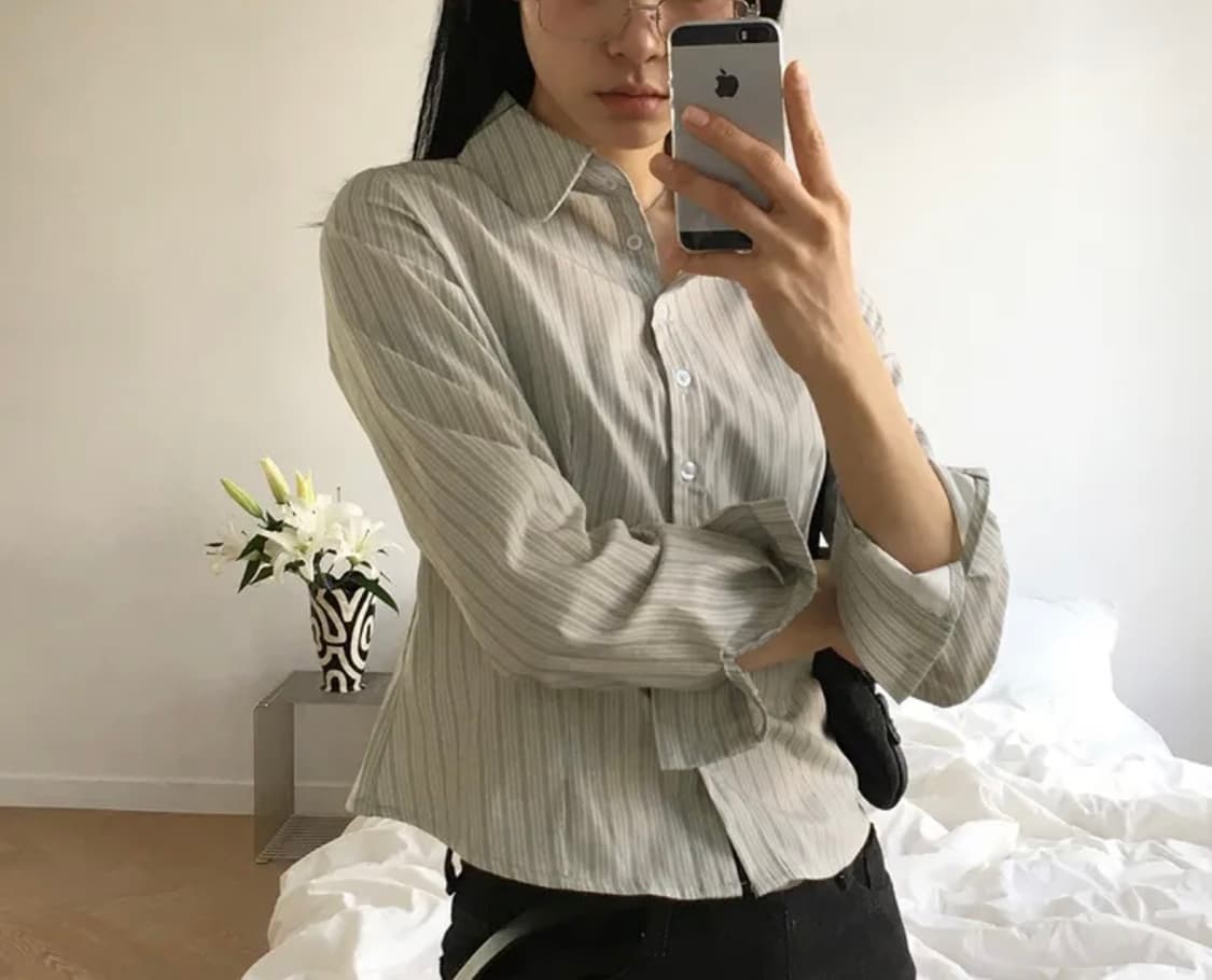 원더원더 바운스 스트라이프 슬림핏 크롭 긴팔 셔츠 stripe shirt 상품이미지2