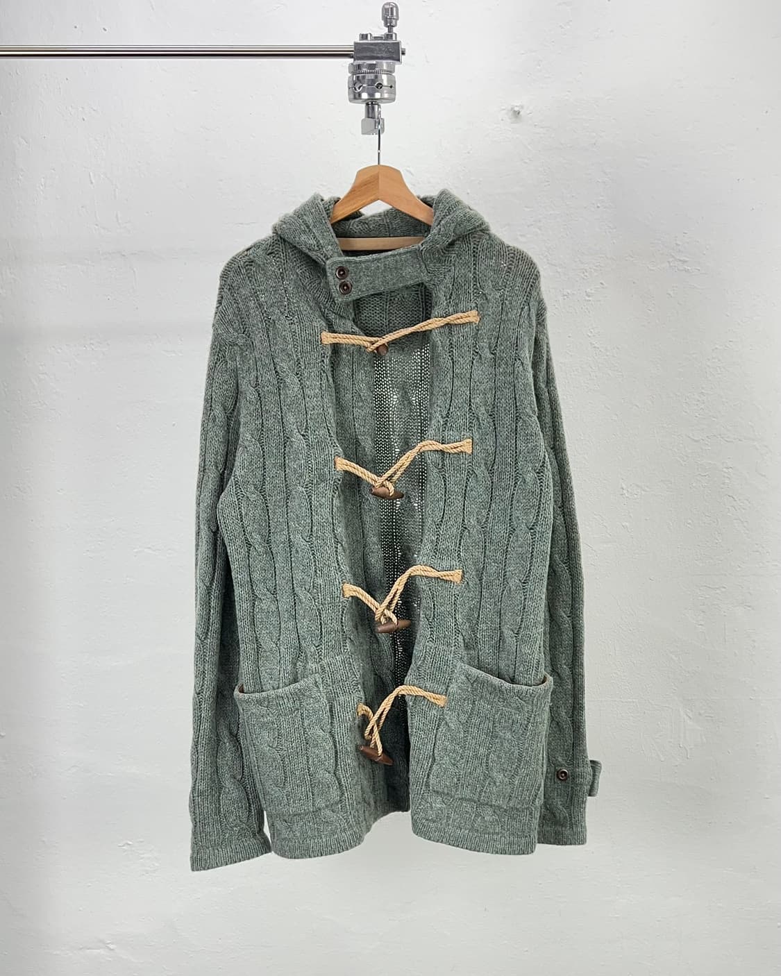 90s 폴로 랄프로렌 그린 그레이 케이블 울 더플 니트 가디건 상품이미지1