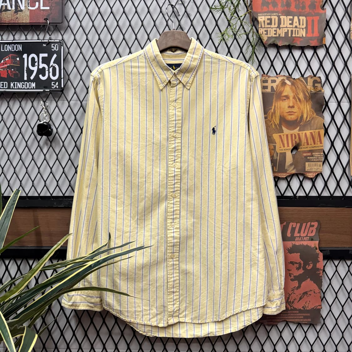 폴로 랄프로렌 스트라이프 긴팔 셔츠 네이비 포니 로고 포인트 옐로 상품이미지1