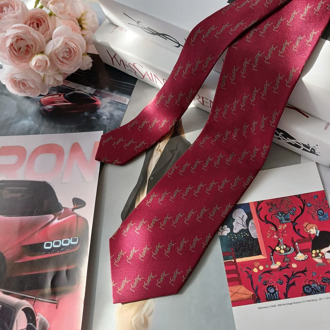 입생로랑 실크 레드 로고 패턴 슬림 넥타이 7.8cm B등급 A18867 상품이미지3