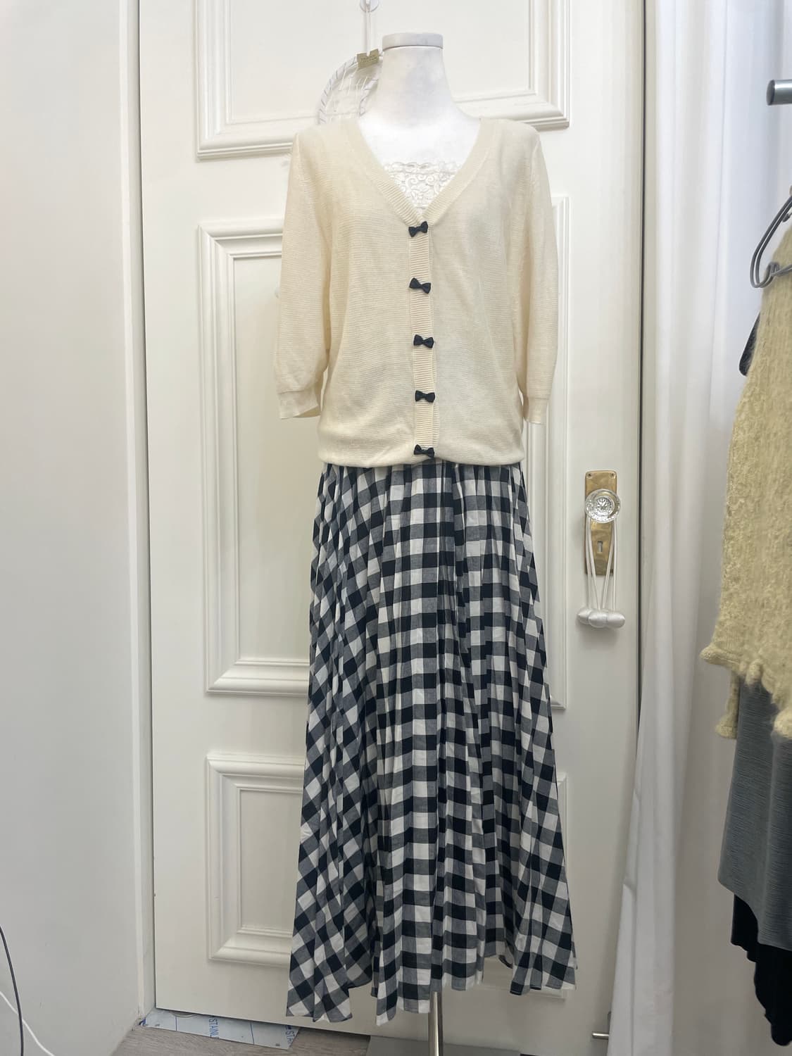 ivory black bow cardigan&lace pleats cot 상품이미지2
