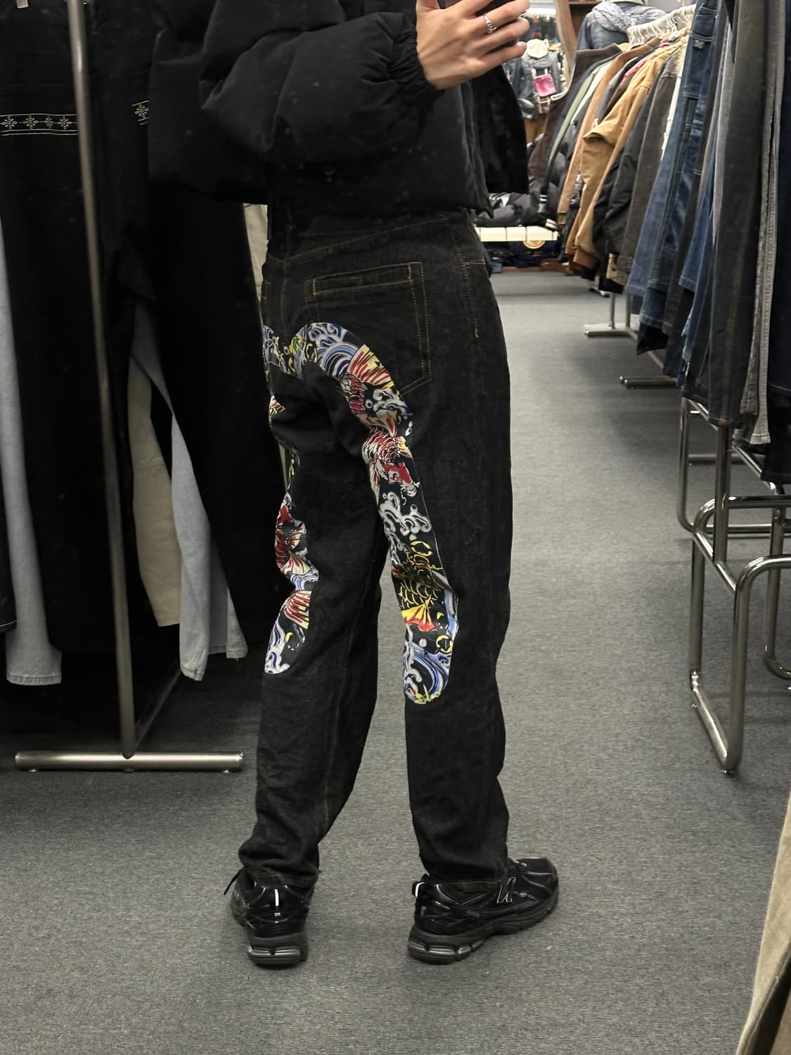 32)에비수 빈티지 빅 다이콕 드래곤 프린팅 셀비지 흑청 데님팬츠 상품이미지1