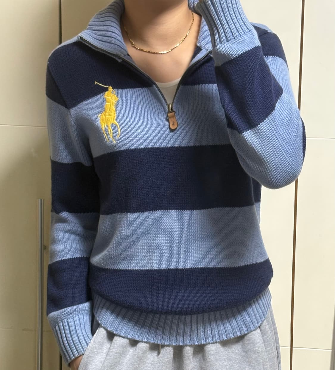 폴로 랄프로렌 빅포니 배색 베이비블루 니트 반집업  상품이미지1