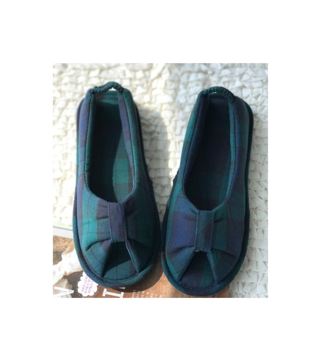 오픈토 미끄럼방지 덧신 실내화 그린체크 (새상품) 상품이미지1