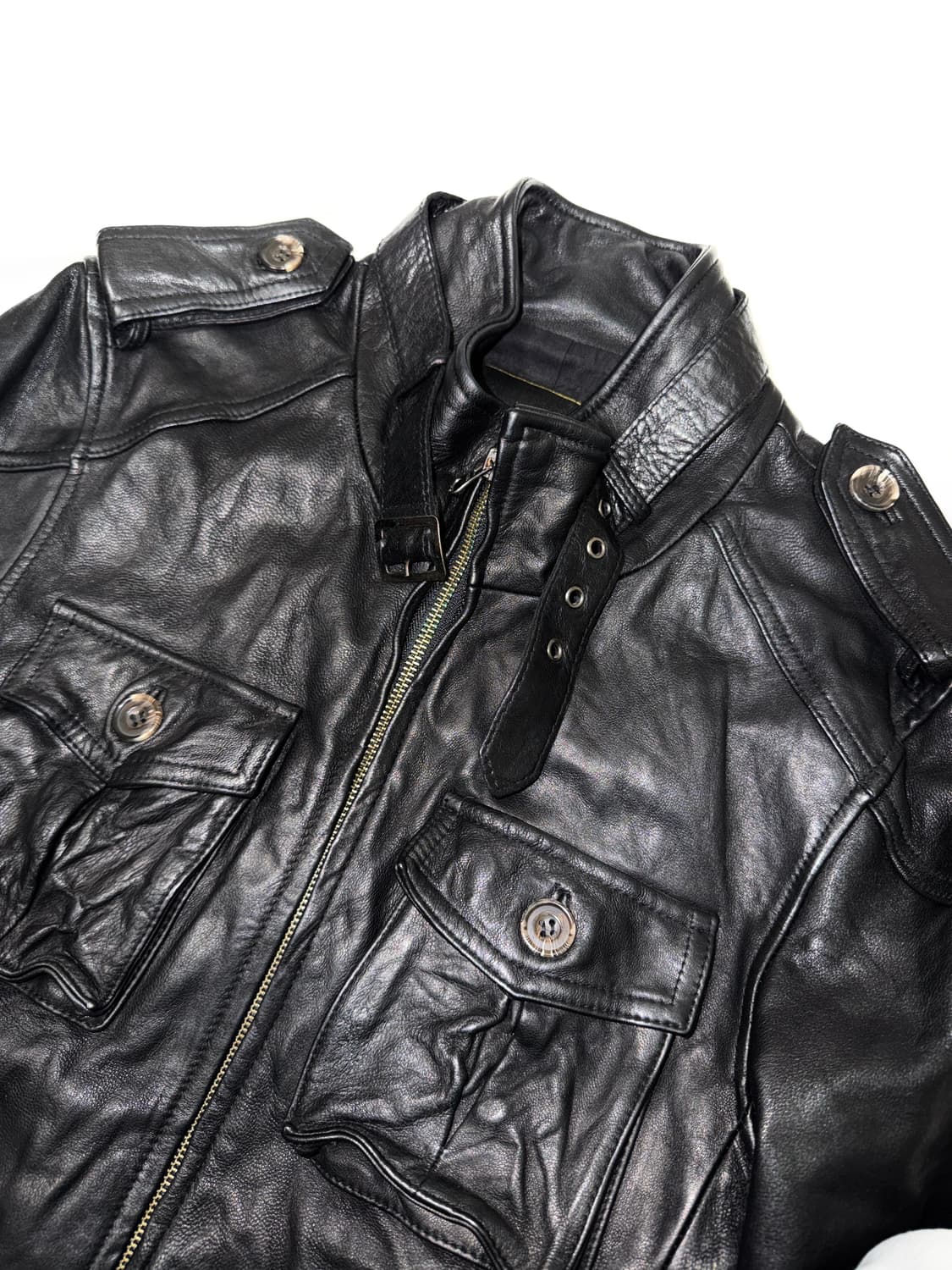 크링클 하이넥 레더 자켓 상품이미지5