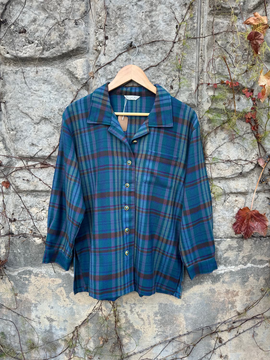 일본 빈티지 레트로 오픈 카라 단추 포인트 체크 플란넬 셔츠 상품이미지1