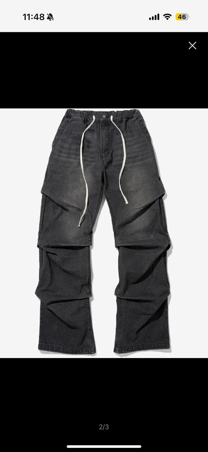 Shirring Wide Leg Denim Pants - Black  상품이미지1