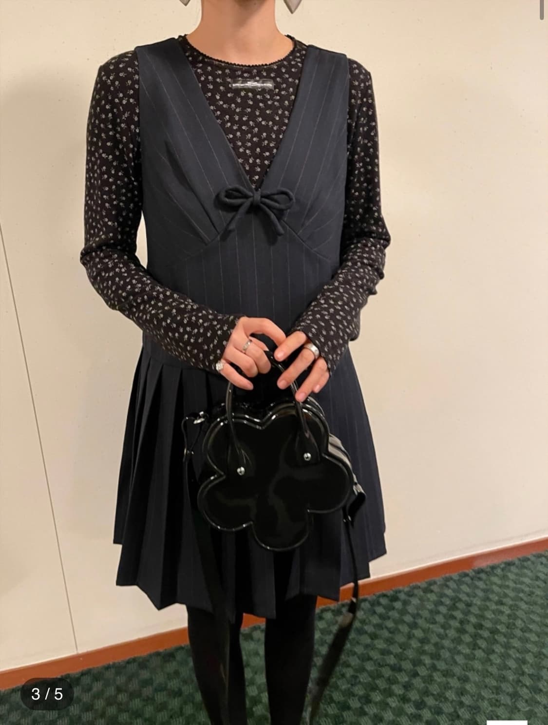 PFF GIRL 다크 블루 브이넥 보우헴 플리츠 원피스 M 상품이미지3