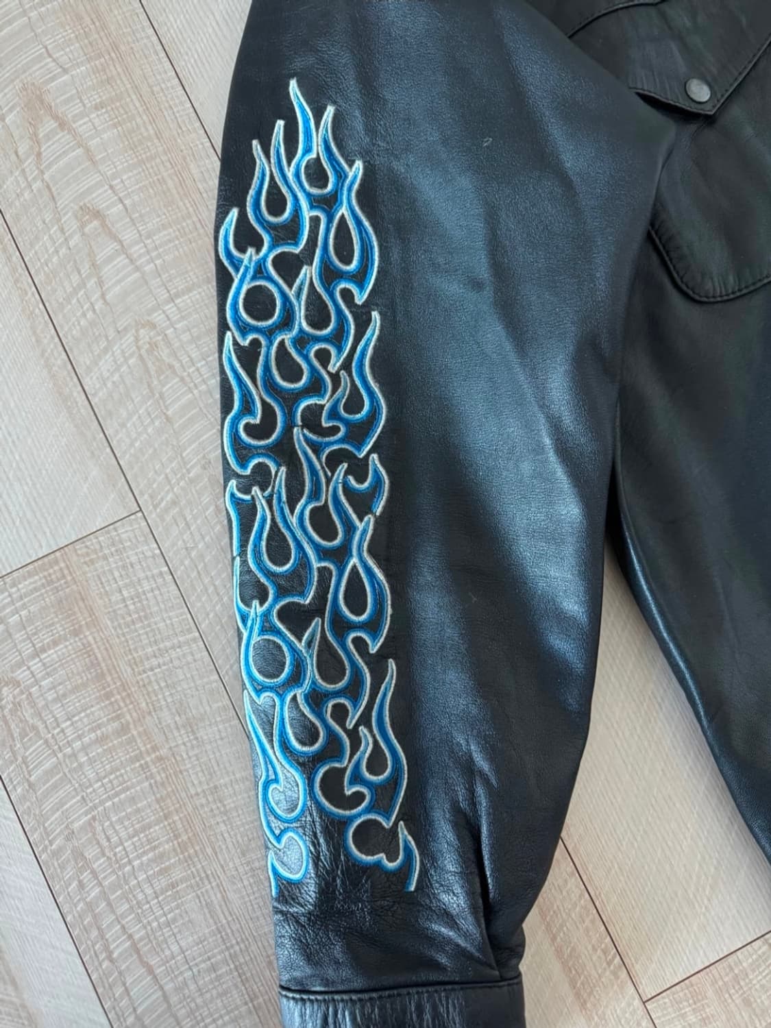 블루 플레임 자수 가죽 빈티지 셔츠 자켓 XL 상품이미지4