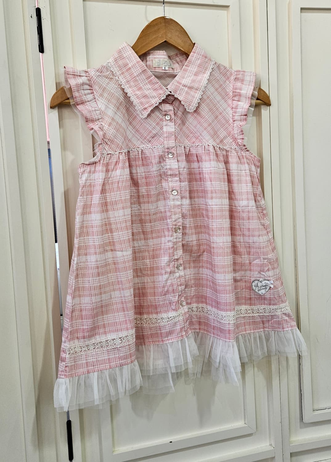 핑크 체크 레이스 튤 블라우스 상품이미지1