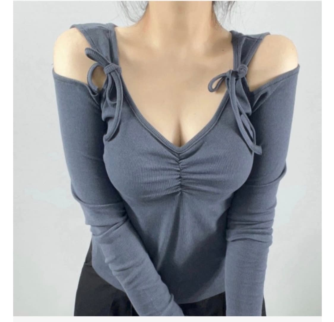 (빅사이즈/블랙) 어깨트임 리본티 상품이미지2