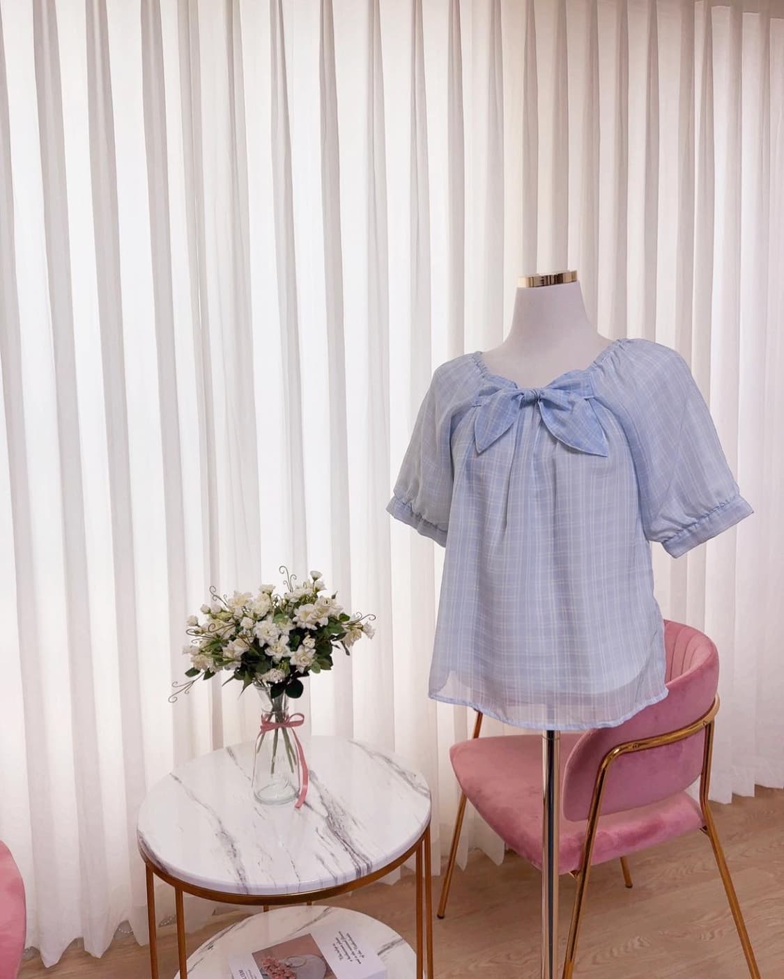 쉬폰 체크 벌룬소매 리본 블라우스 상품이미지1