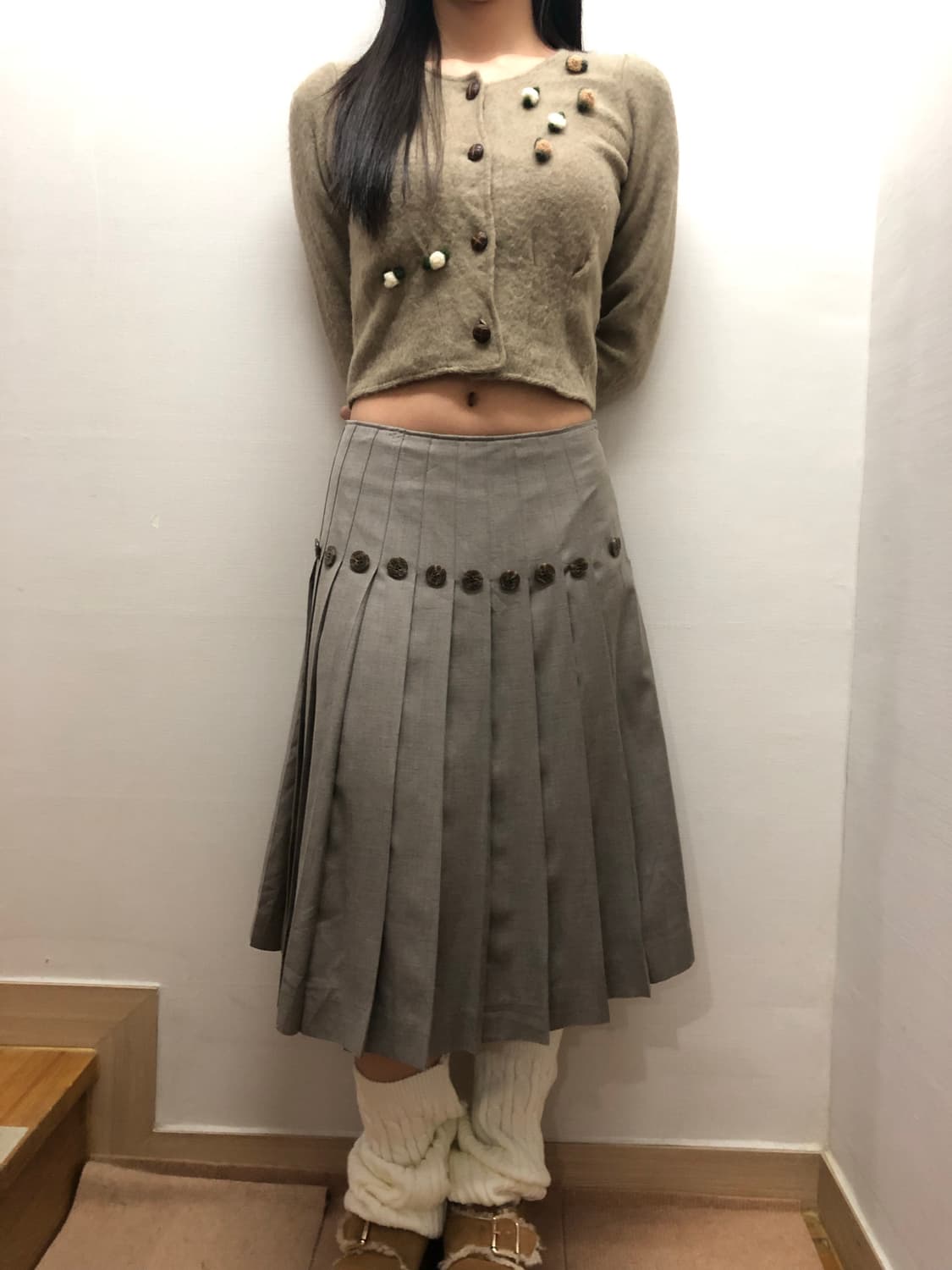 빈티지 그레이 버튼 플리츠 미디 스커트 상품이미지10