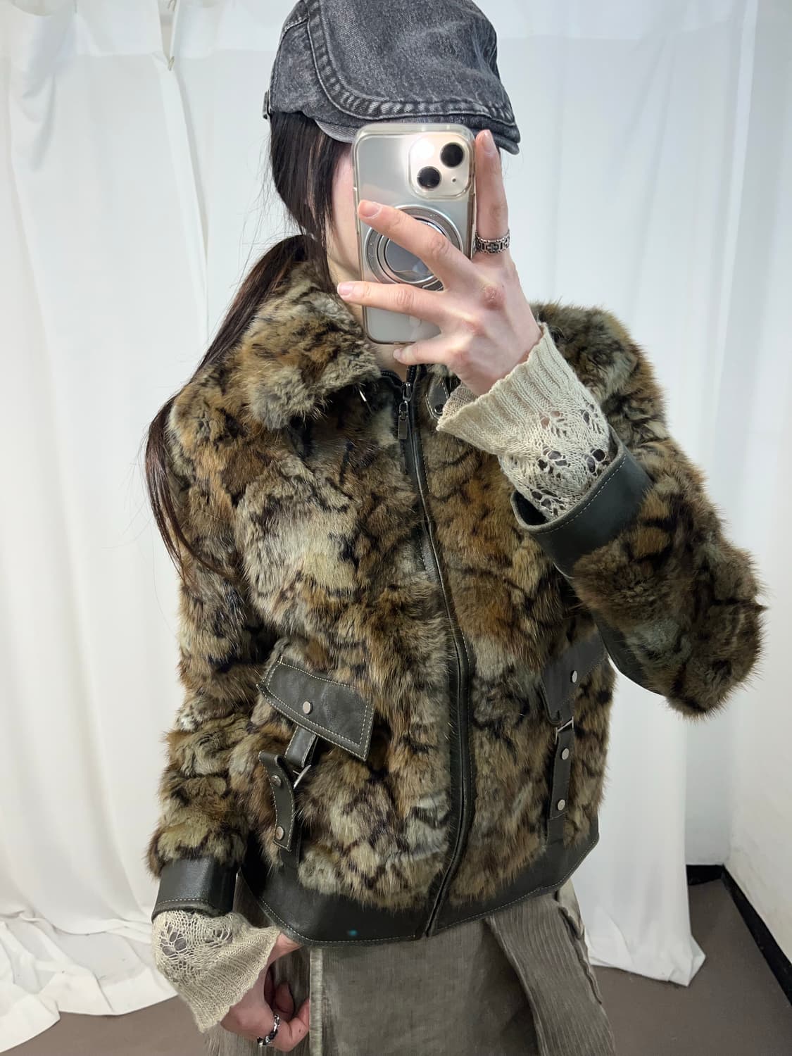 카키 브라운 믹스 래빗퍼 자켓 (양가죽/래빗퍼) 상품이미지5