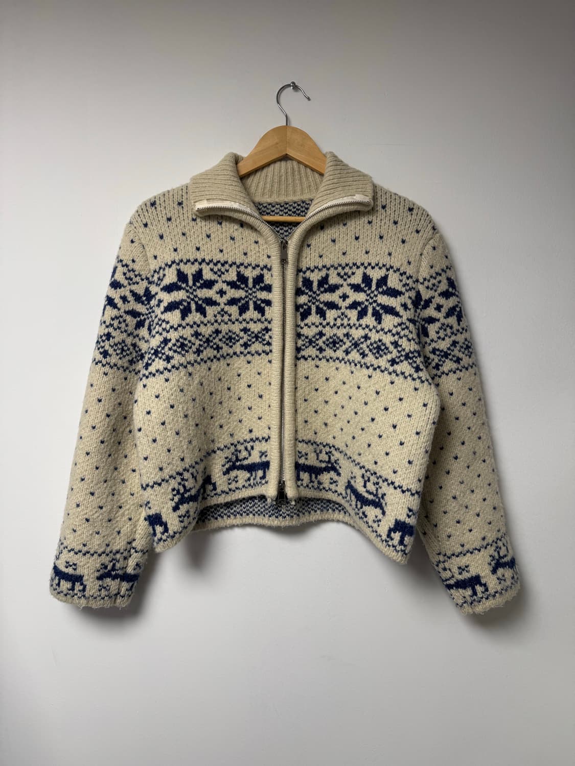 빈티지 노르딕 울 그런다 블루 패턴 니트 집업 가디건 F 상품이미지3