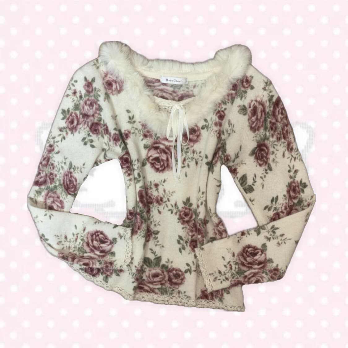 Rosa Cheri 로사체리 로즈 플라워 퍼 카라 블라우스 털 긴팔 상의 상품이미지1