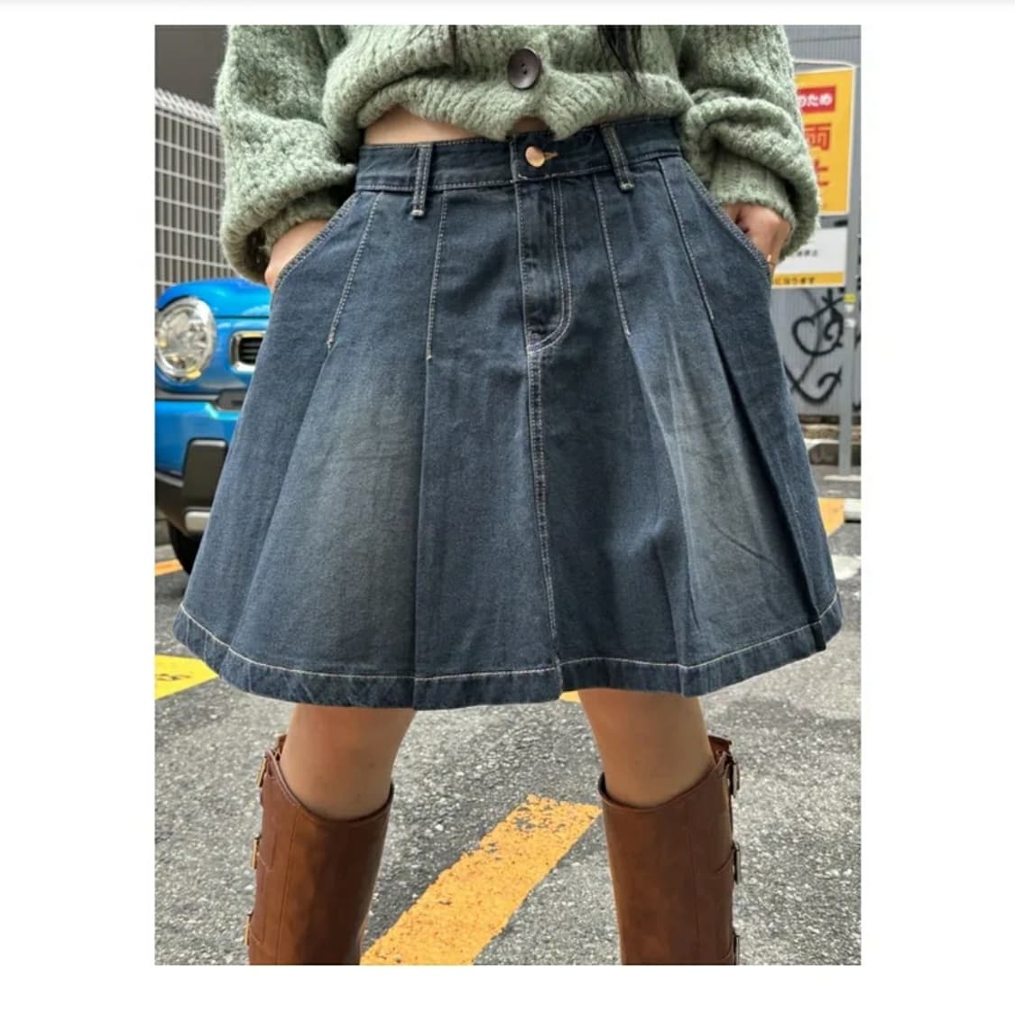 키미스 빈티지 컨트리 무드 플리츠 미디 데님 스커트 진청 OOTJ 상품이미지1