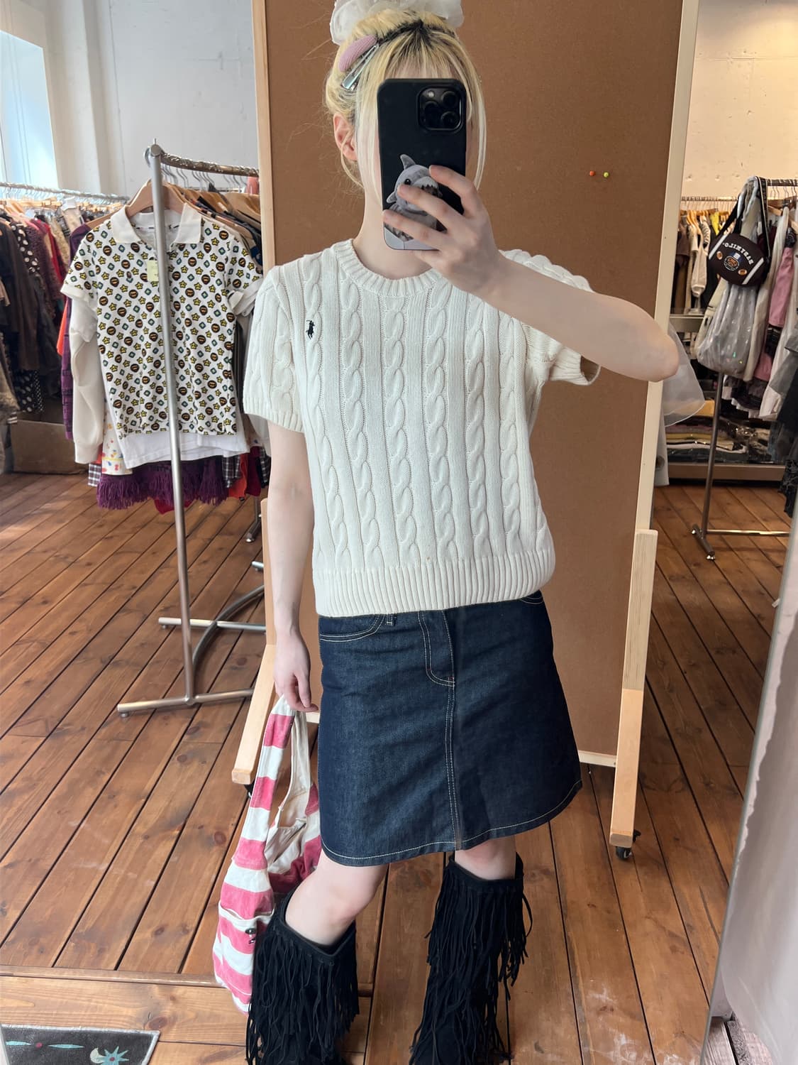 폴로 아이보리 꽈배기 반팔 니트 상품이미지1