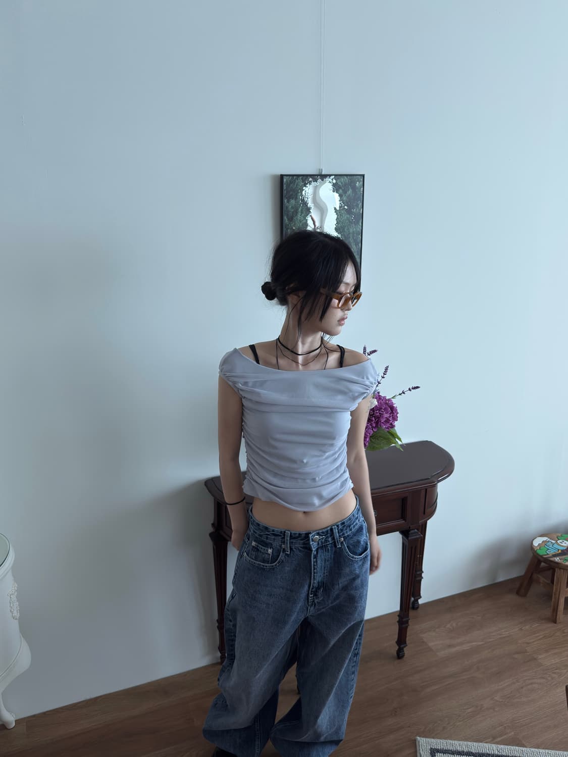 리버시블 셔링 오프숄더 티셔츠 블라우스 라이트블루 상품이미지3