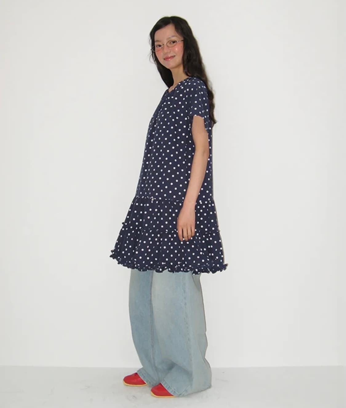 론론 프릴 도트 원피스 네이비 반택포 상품이미지1