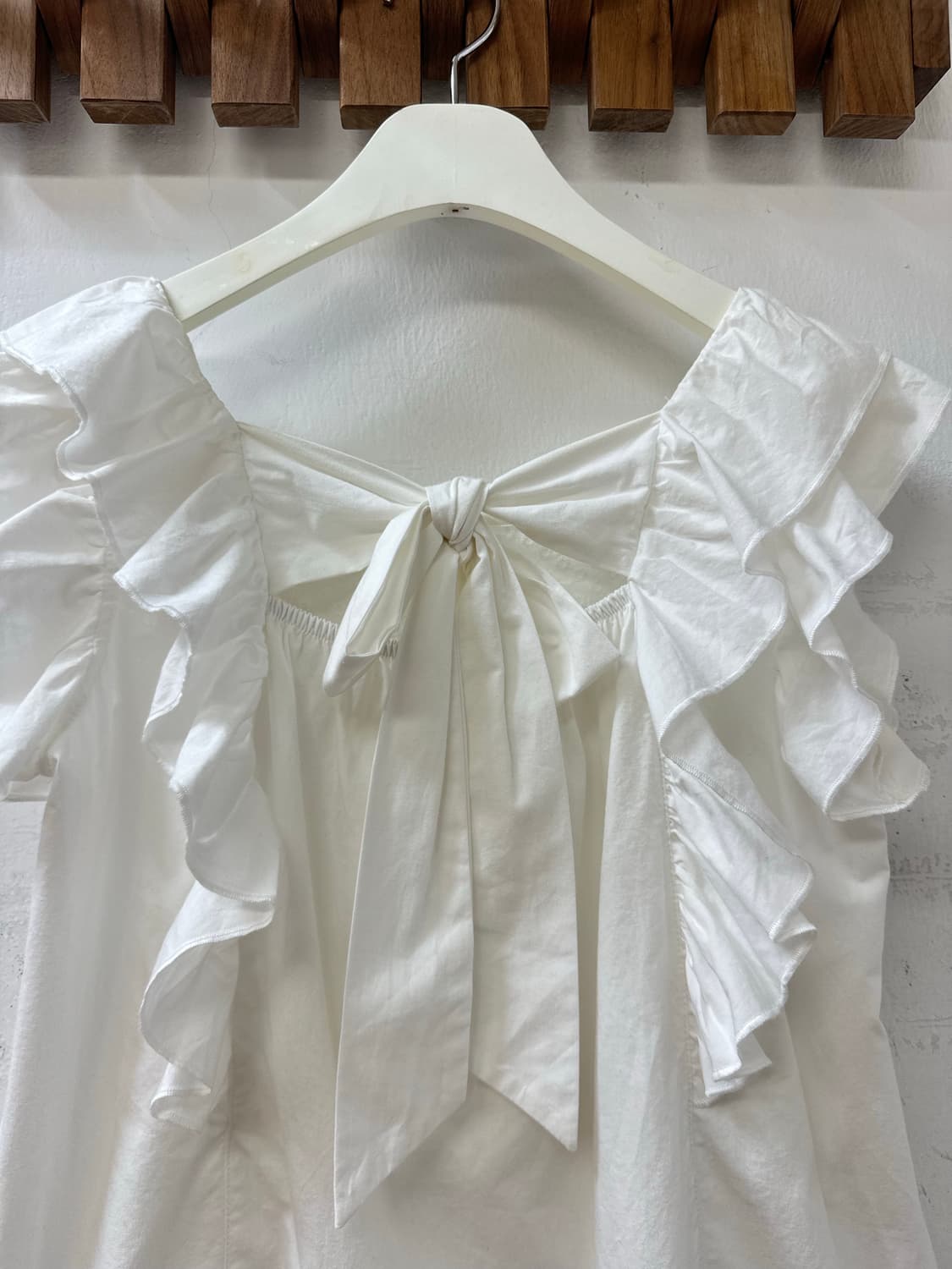 일본빈티지 코튼100% 양면디테일 프릴 슬리브 자수 요크 리본 블라우스 상품이미지5