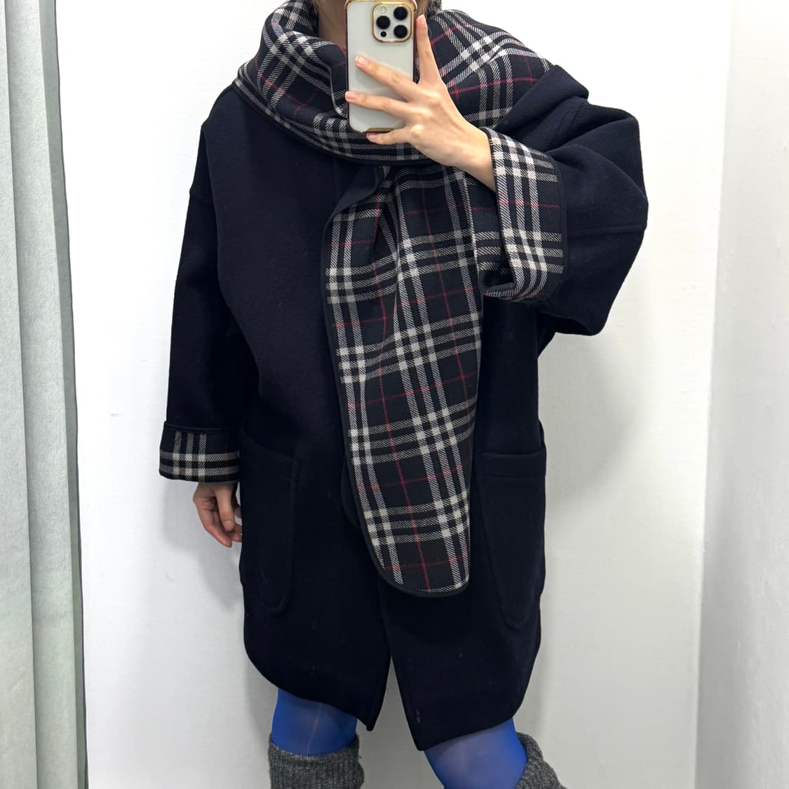 버버리 네이비 체크 울 케이프 코트 상품이미지6