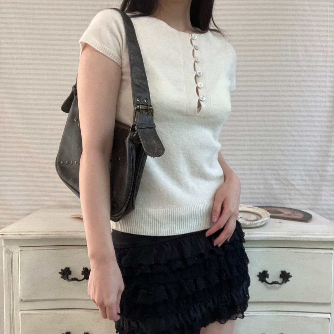 jpn vintage 아이보리 버튼 반팔 니트 y2k 스트릿 갸루 펑키 상품이미지2