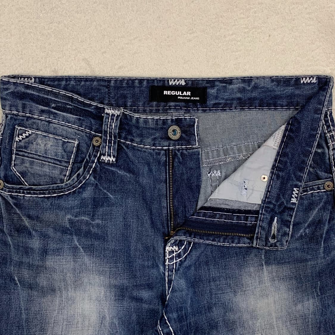 [36] 폴햄 빅 스티치 스트레이트핏 워싱 데님팬츠 상품이미지4