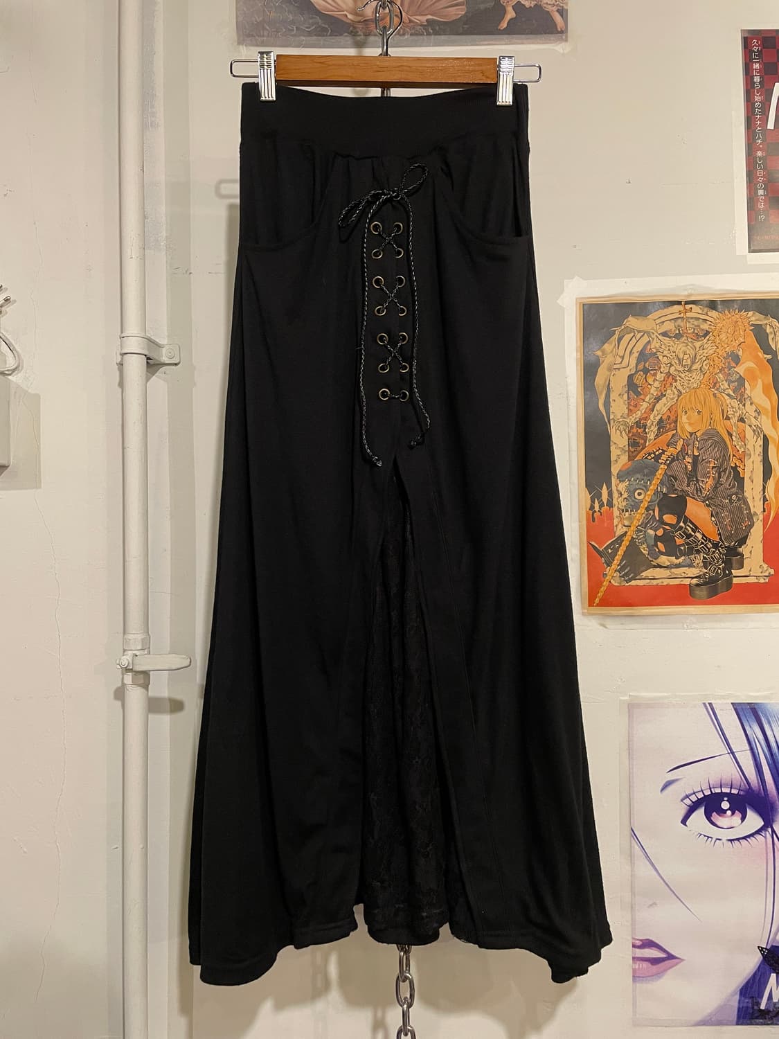 dig deep 디그딥 아일렛 리본 절개 레이스 블랙 롱스커트 펑크 상품이미지3