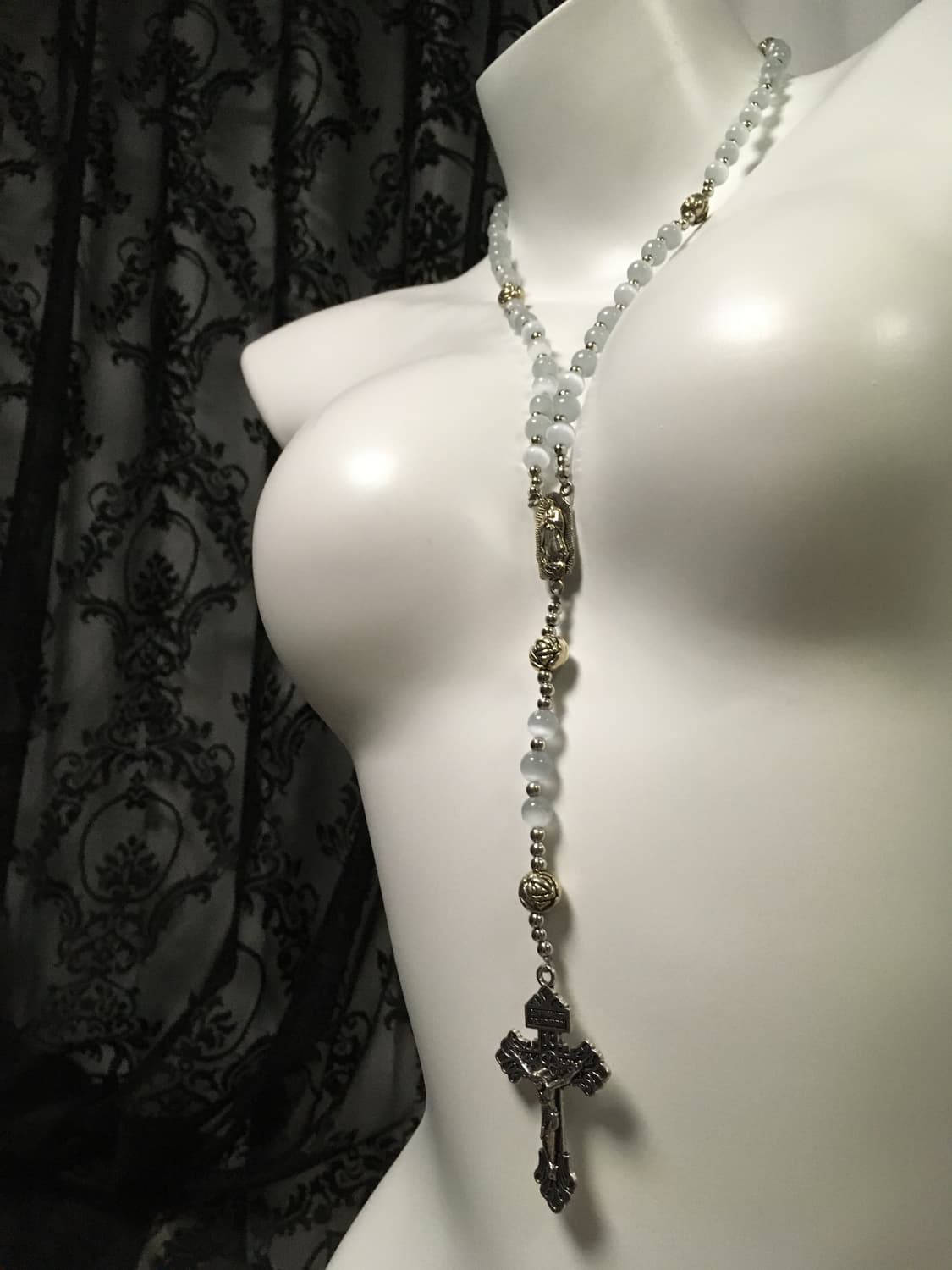 Vintage 핀터레스트 캣츠아이 원석 십자가 로자리오 목걸이 상품이미지4