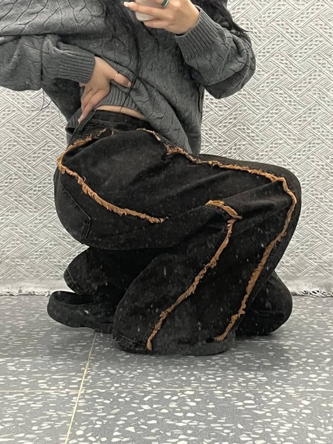 빈티지 테슬 라인 디테일 흑청 와이드 데님 팬츠 28인치 C06428 상품이미지1