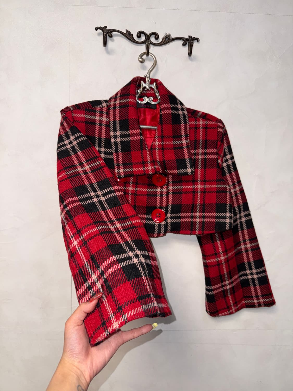 Red black tartan check crop double jk 상품이미지2