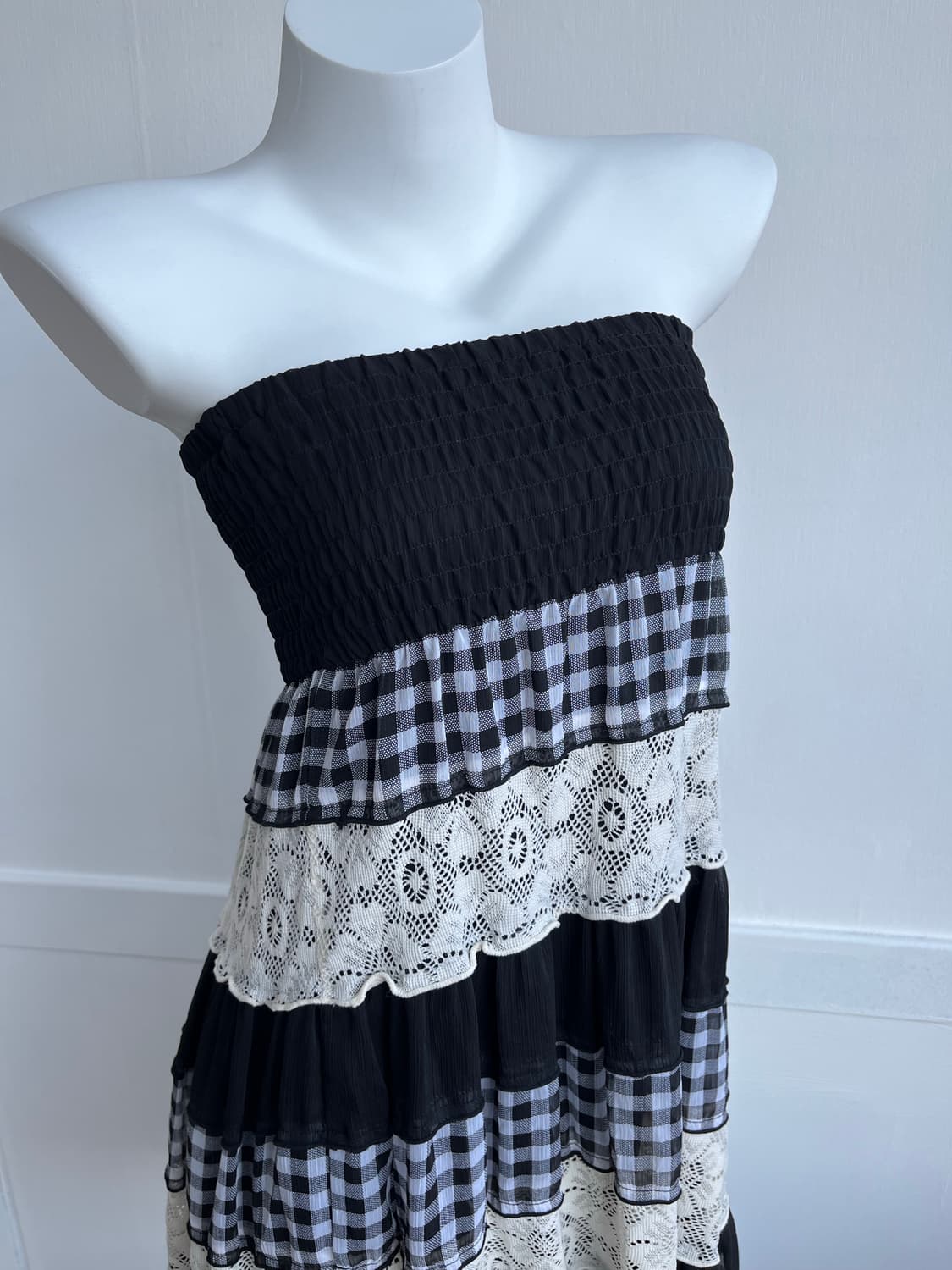 블랙 체크 패치워크 레이스 스커트 상품이미지2