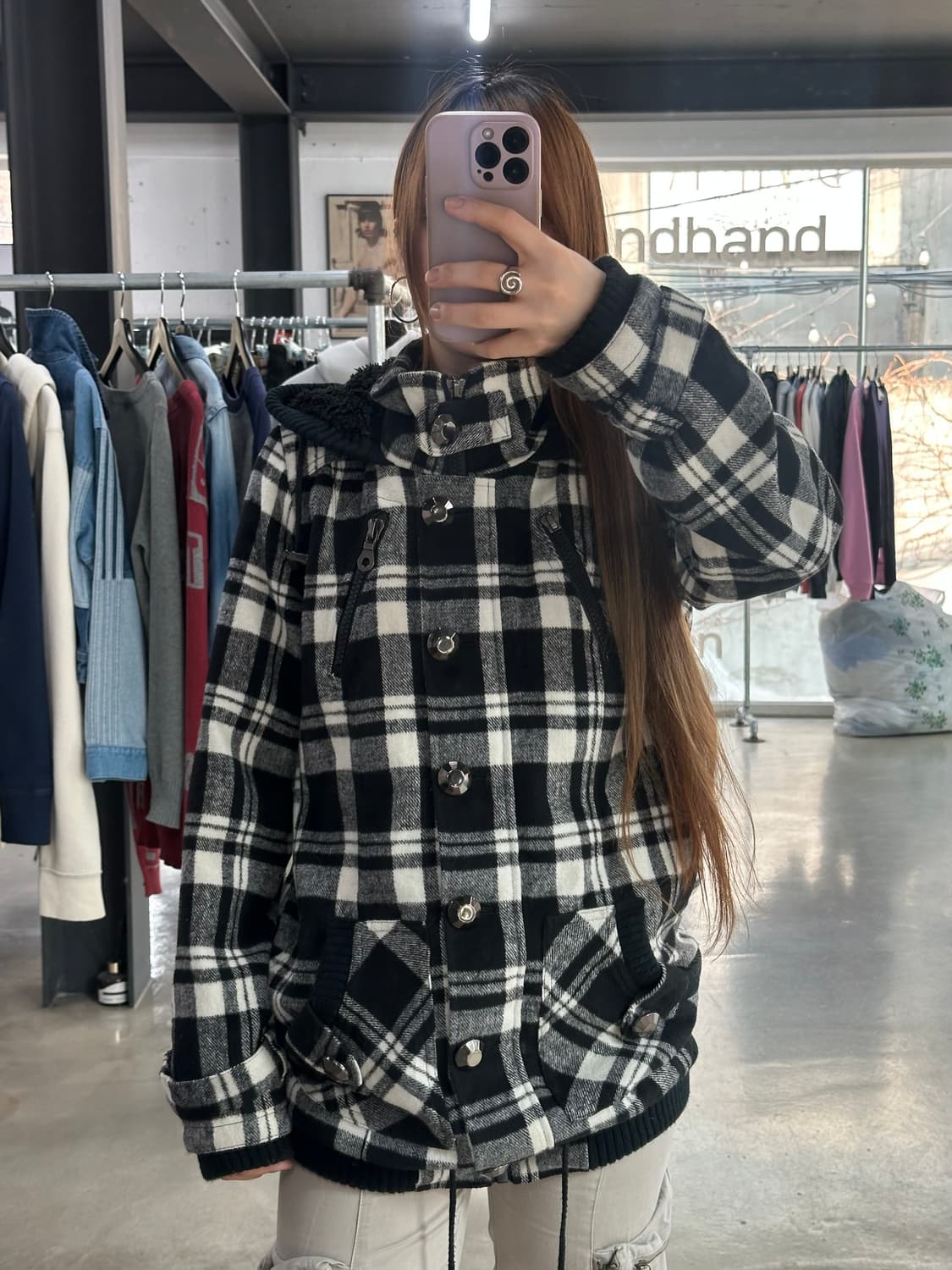 빈티지 Y2k 버튼 포켓 체크 롱점퍼 상품이미지1