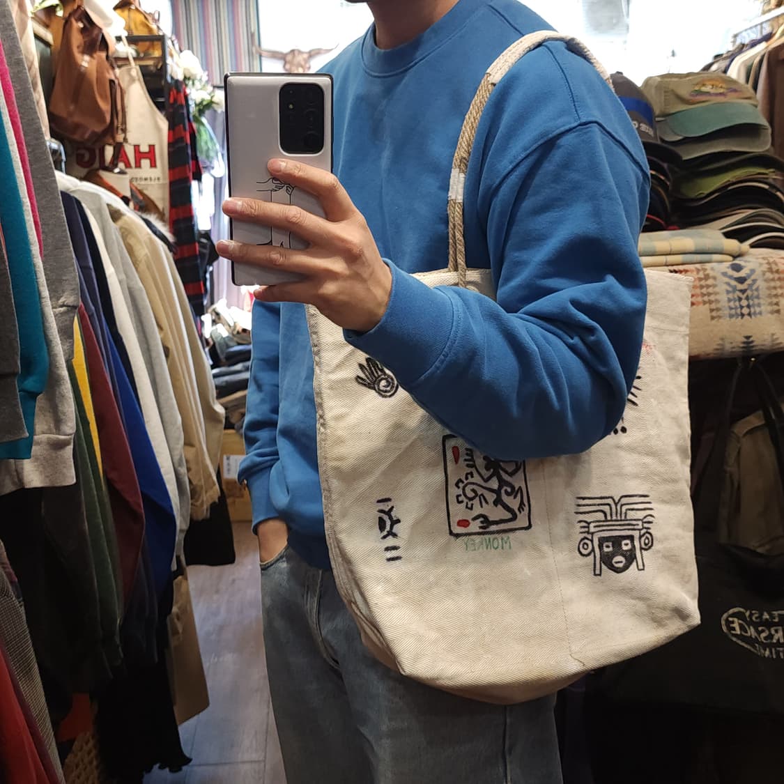 핸드 드로잉 캔버스 토트백 빈티지 더플백 리메이크 화이트 아메리칸 심볼 상품이미지10