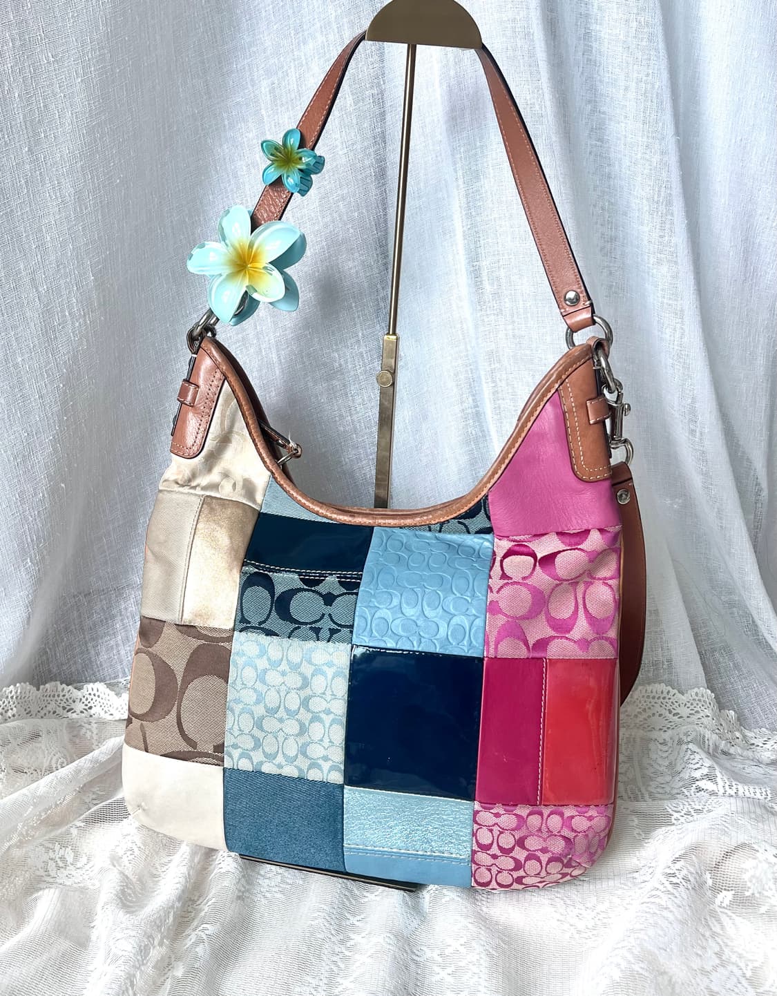 90s coach 시그니처 패치워크 아카이브 레더 캔버스 숄더백 상품이미지1