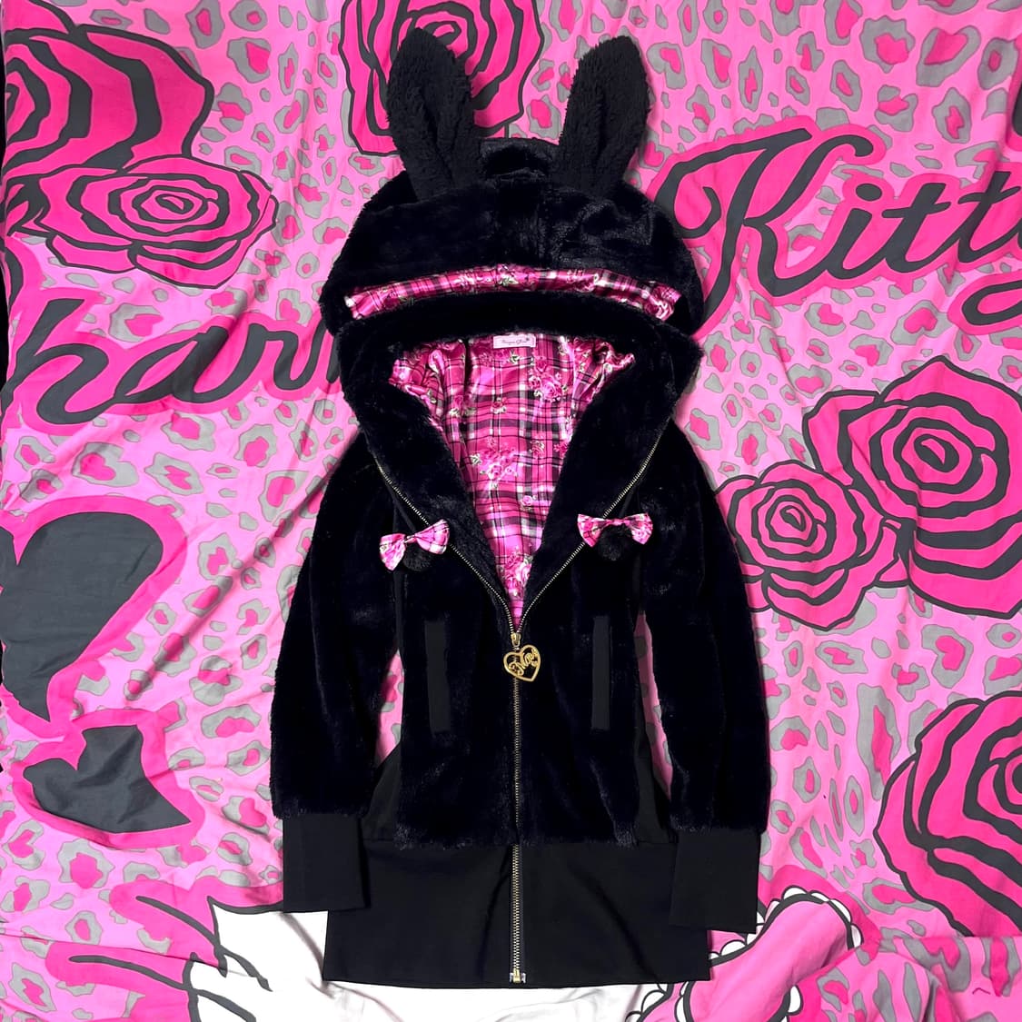 MA*RS마즈 블랙핑크 로즈체크 퍼 우사미미 후드집업 히메갸루 핀터대대장 상품이미지1